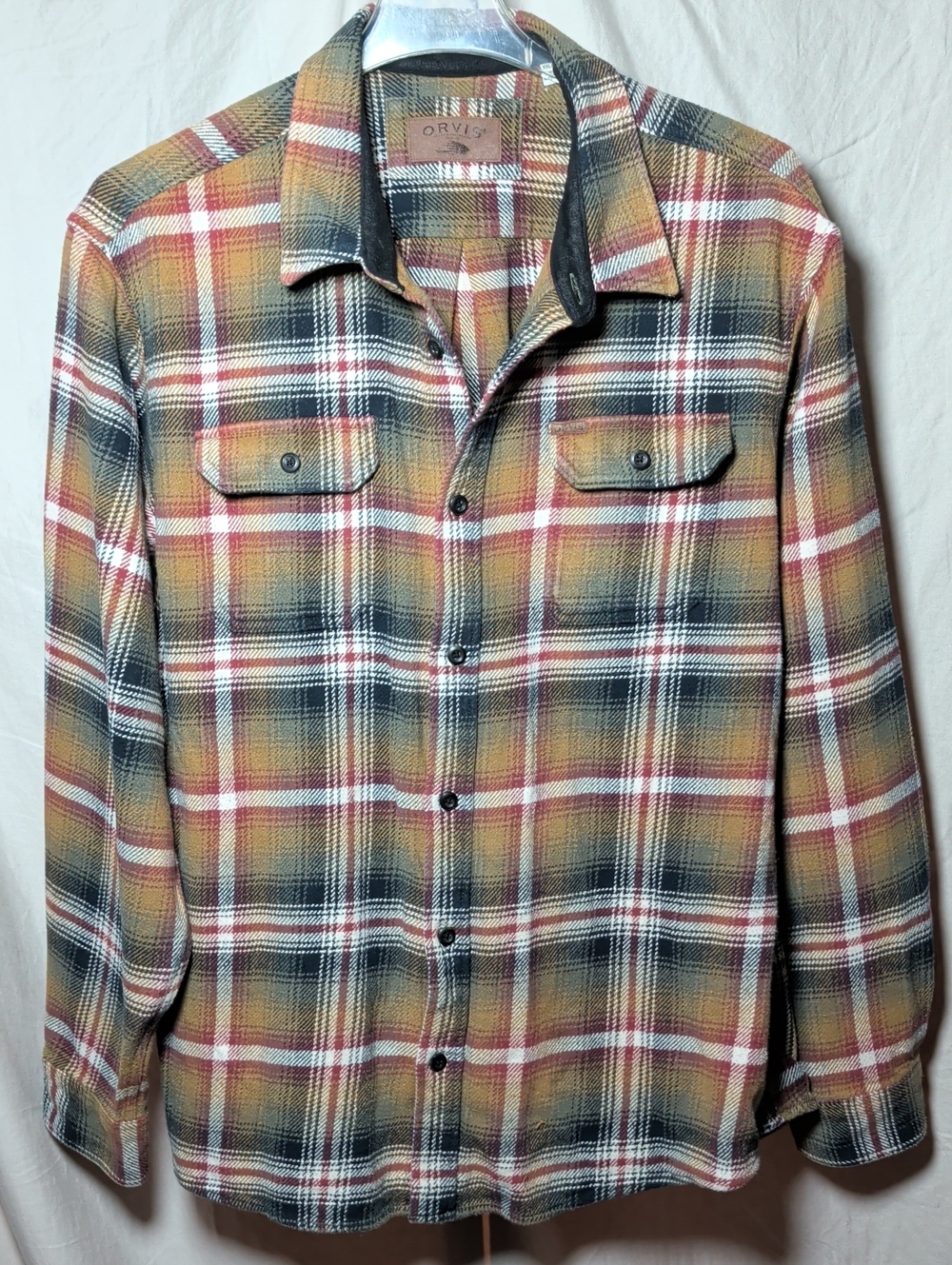 Orvis Plaid Button-Down Shirt in Tan, Black & Red Outdoor Rugged Outter Wear